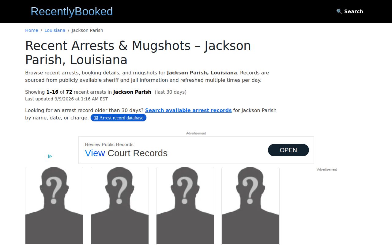 RecentlyBooked Jackson Parish search page capture