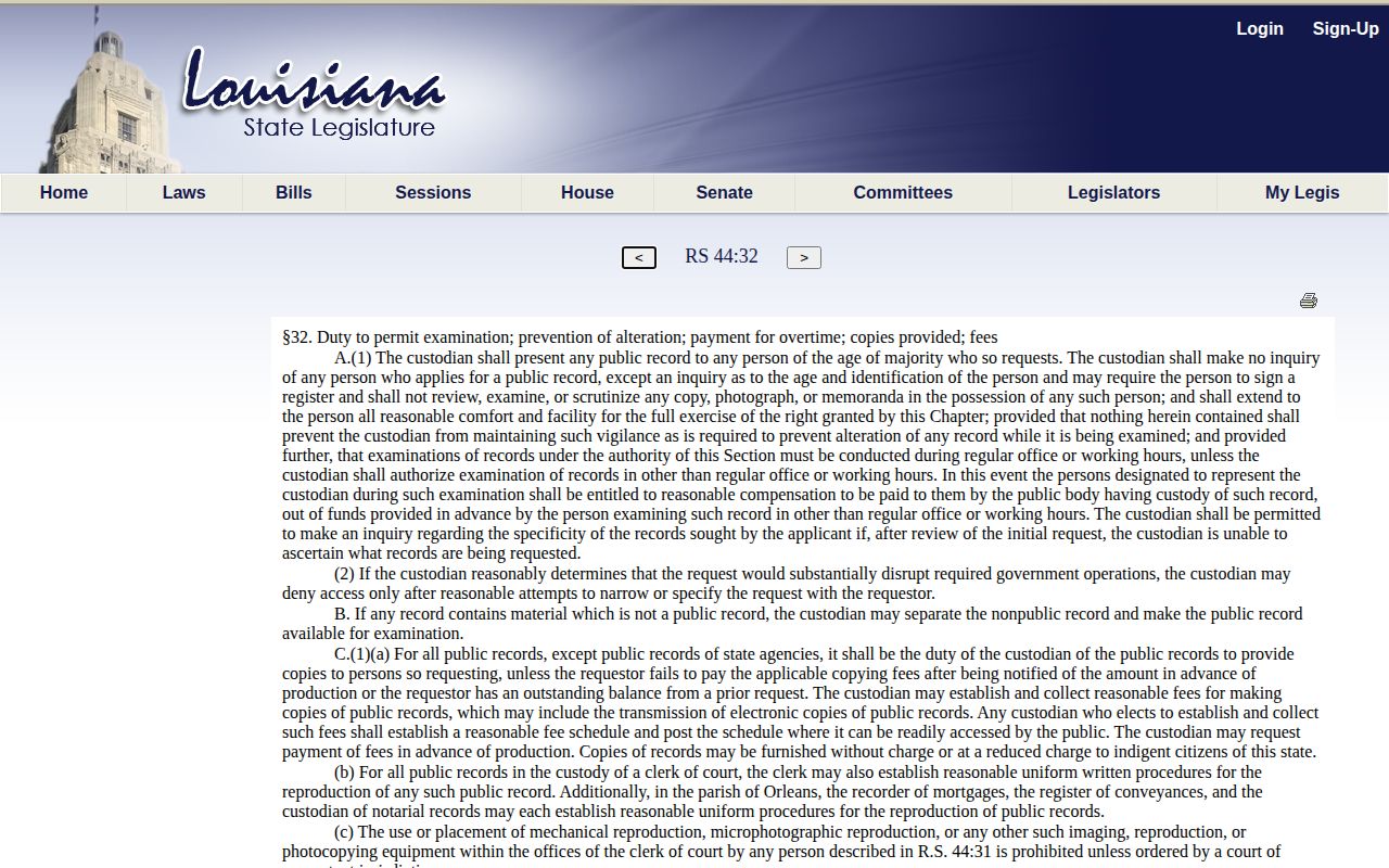 Louisiana Revised Statute 44:32 public records provisions